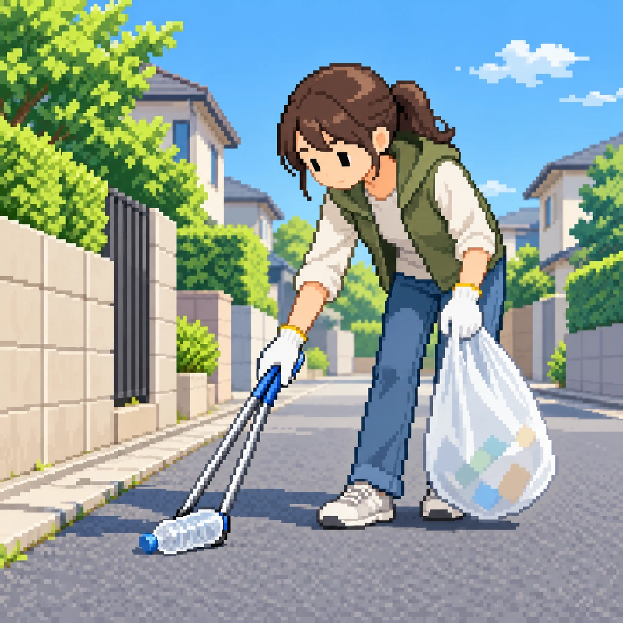 Illustration of one volunteer wearing work gloves bending forward and picking up an empty plastic bottle with long litter tongs, on a quiet residential street, on a sunny weekend morning (pixel art)