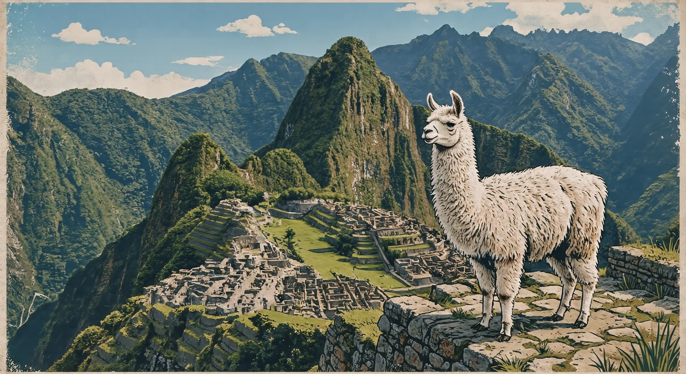 Illustration of a llama and Machu Picchu, a World Heritage Site (retro print)