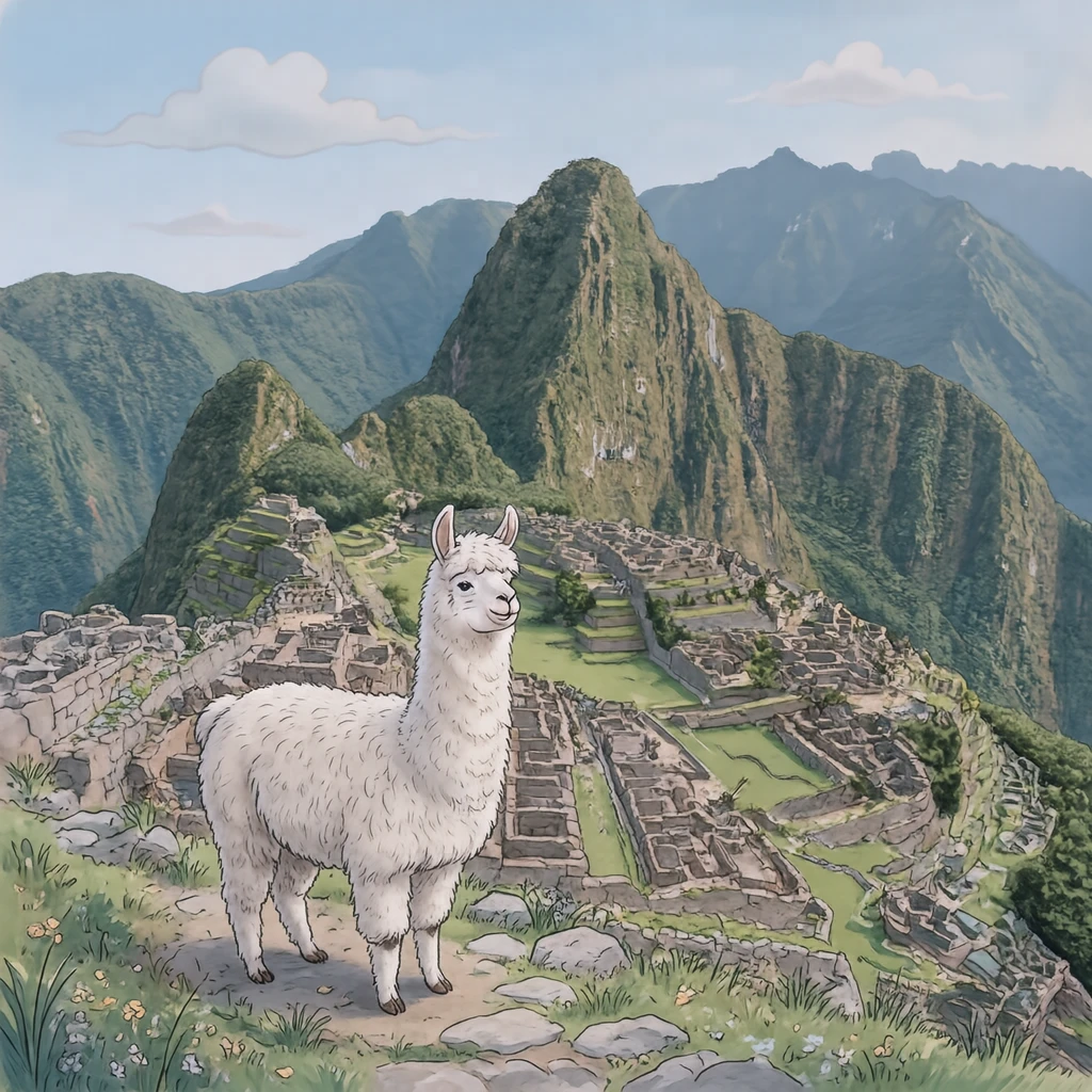 Illustration of a llama and Machu Picchu, a World Heritage Site (soft pastel)