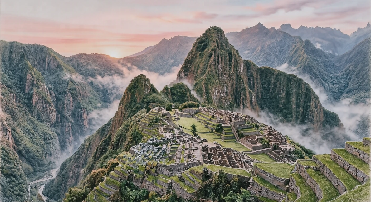Illustration of Machu Picchu, a World Heritage Site, in morning mist (colored pencil)