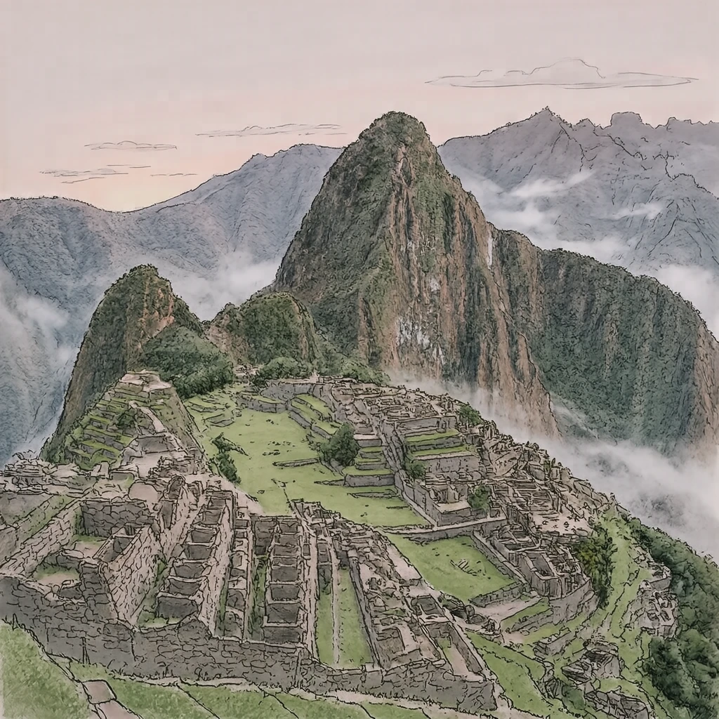 Illustration of Machu Picchu, a World Heritage Site, in morning mist (hand-drawn)