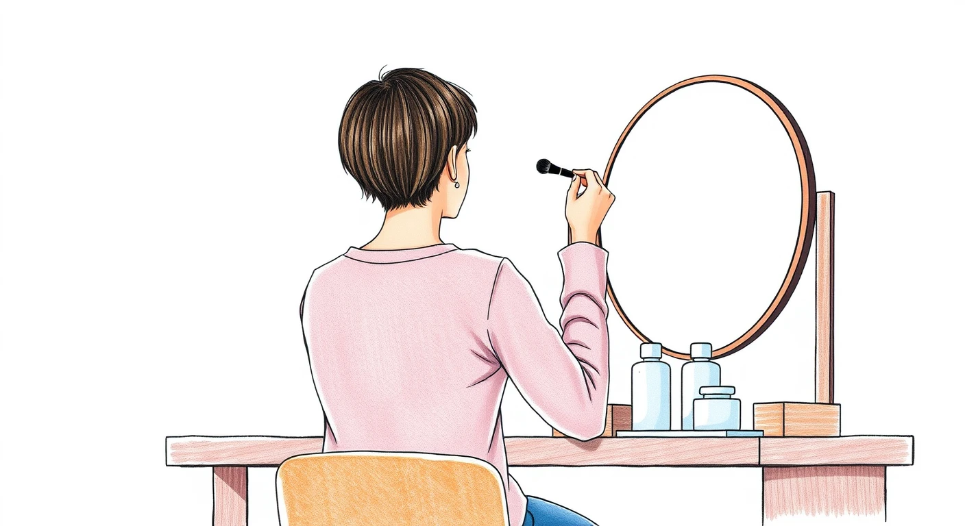 鏡の前で化粧をする人のイラスト