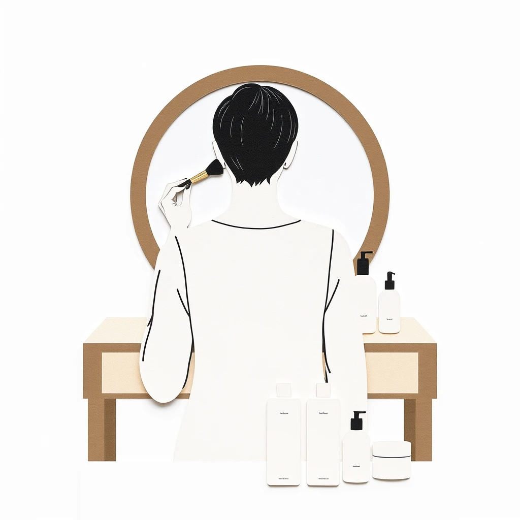 鏡の前で化粧をする人のイラスト