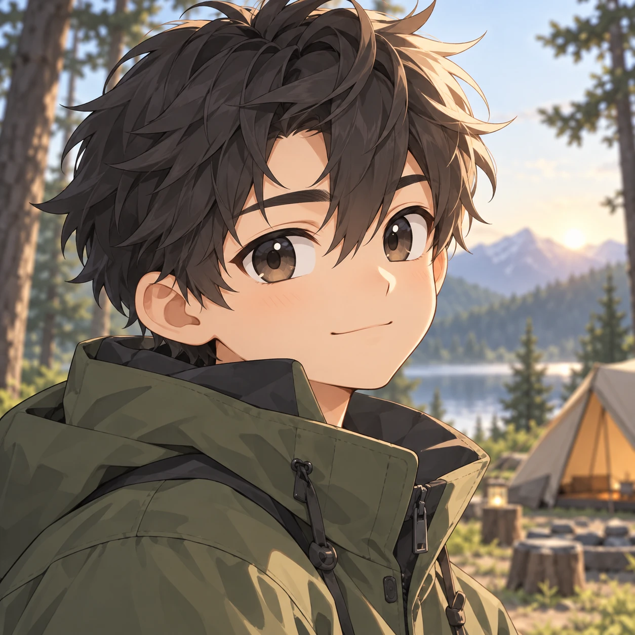 キャンプ姿の男性のアニメ調プロフィールアイコン（デフォルメ）