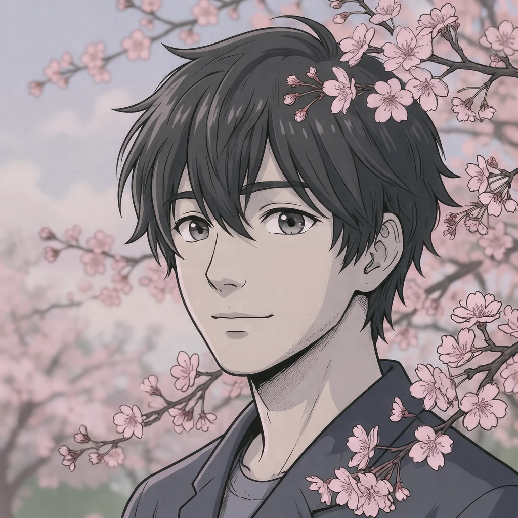 以樱花为背景的男性的动漫风格头像（动画平涂）