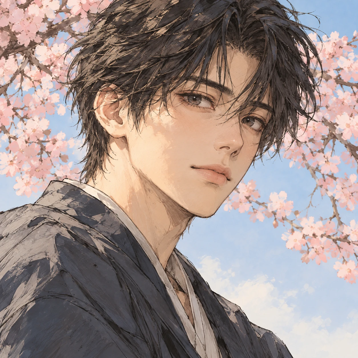 Anime-style profile picture of a man among cherry blossoms (hand-drawn)