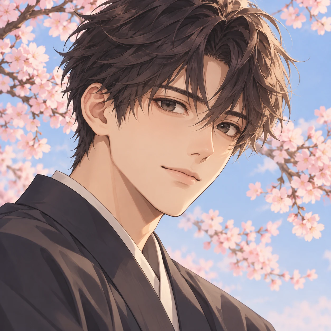 Anime-style profile picture of a man among cherry blossoms (isometric)