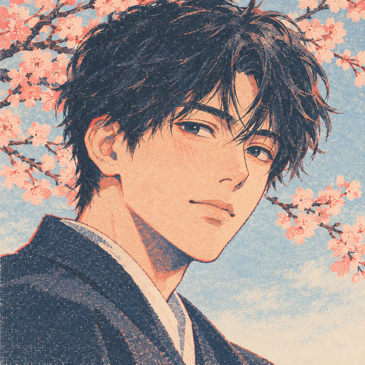 Anime-style profile picture of a man among cherry blossoms (retro print)