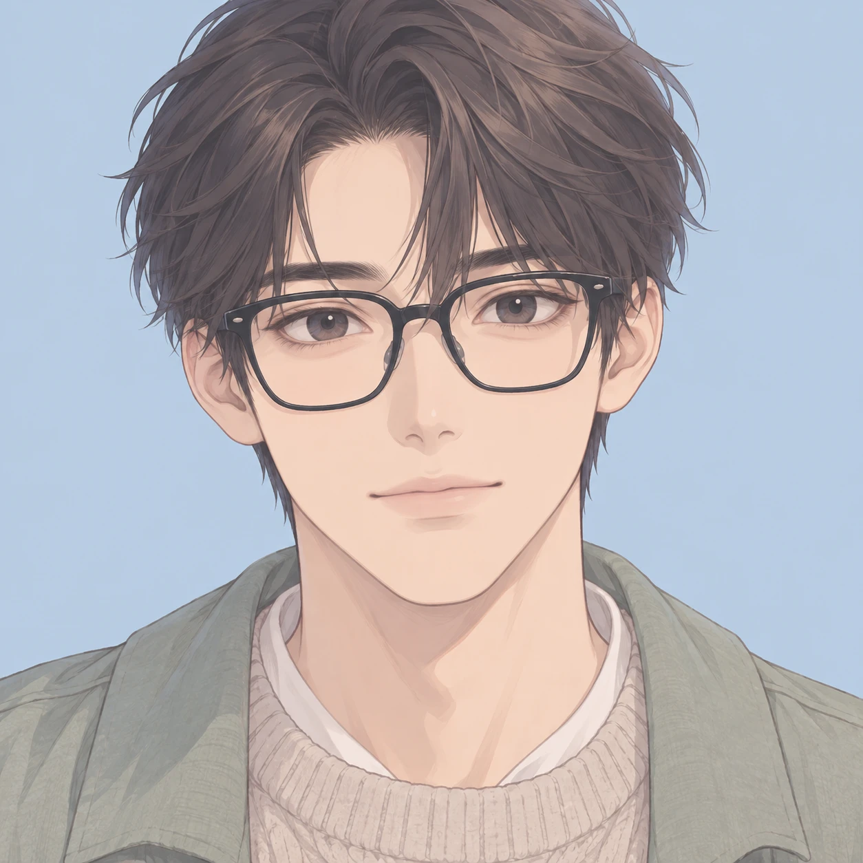 Anime-style profile picture of a man wearing glasses (soft pastel)