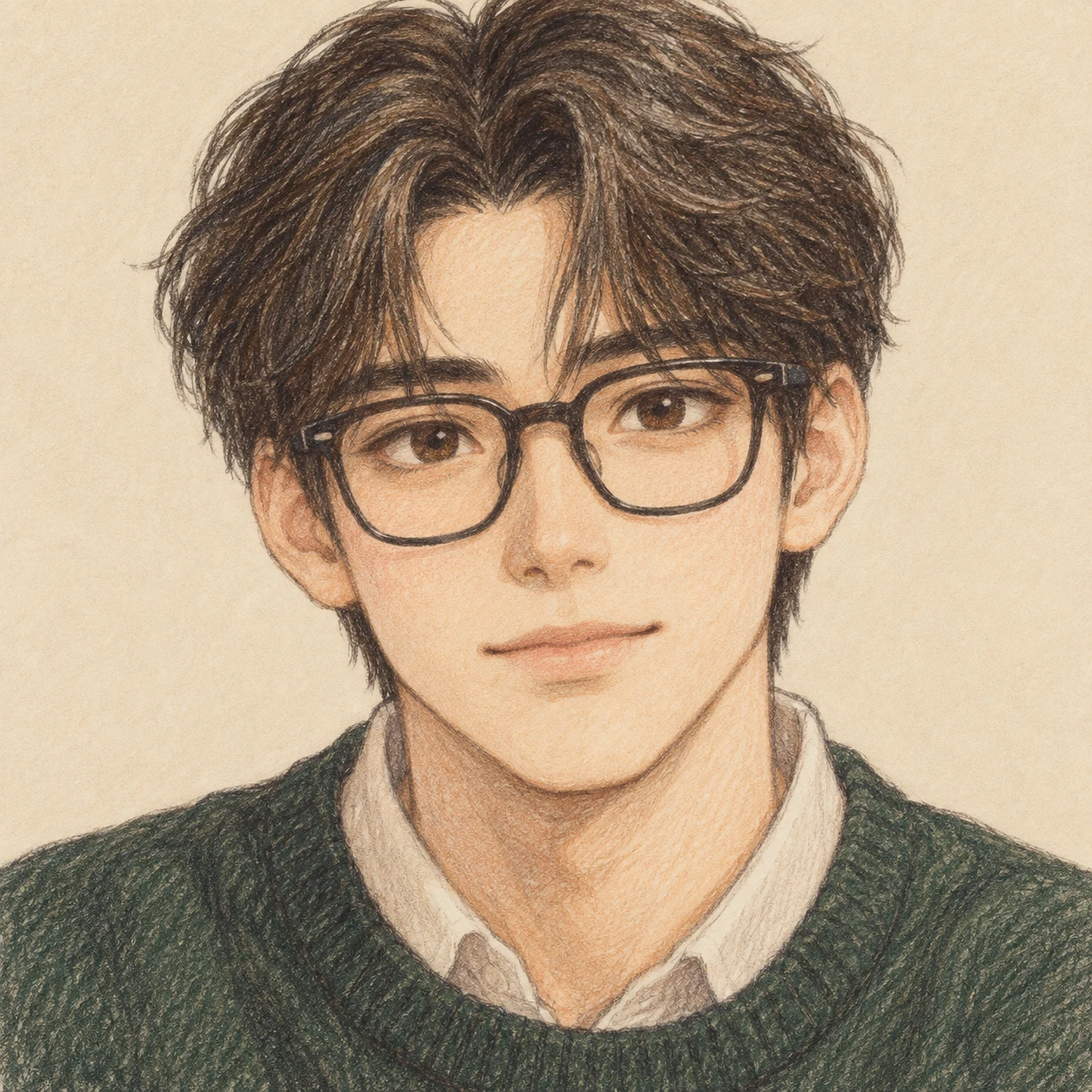 Anime-style profile picture of a man wearing glasses (colored pencil)