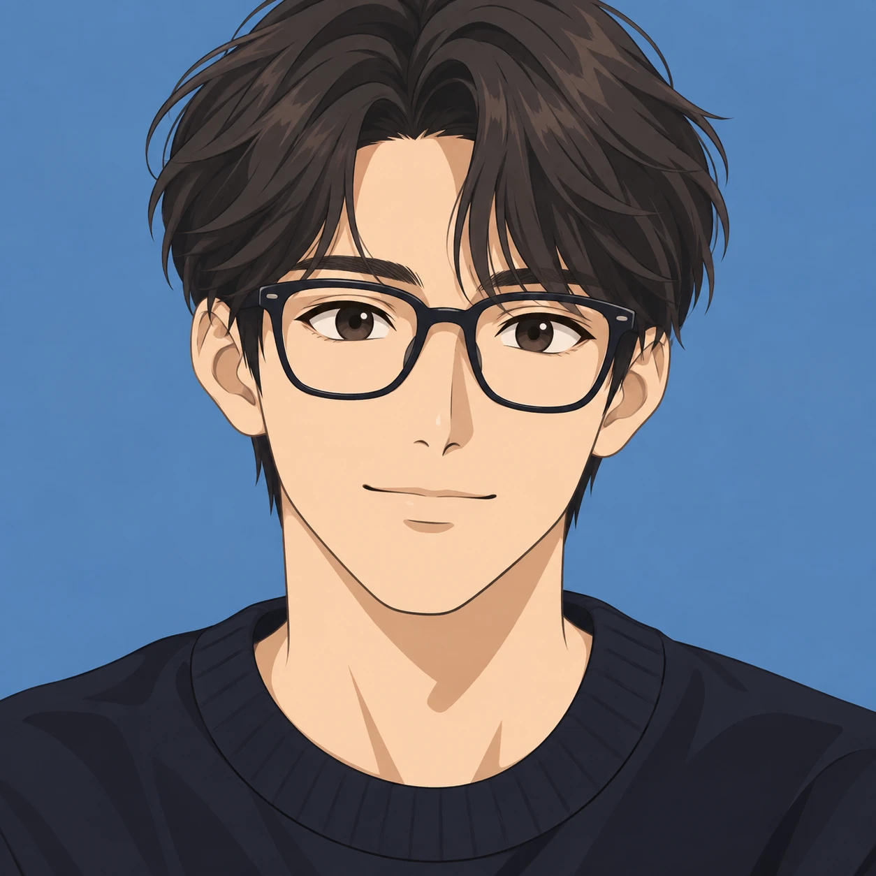 Anime-style profile picture of a man wearing glasses (flat illustration)