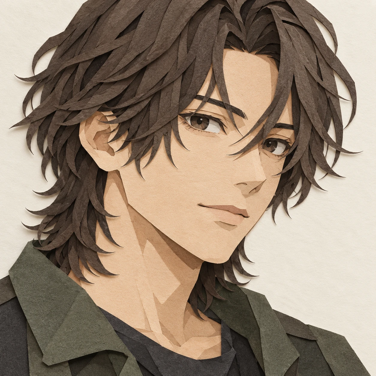 Anime-style profile picture of a man with long hair (paper cut-out)