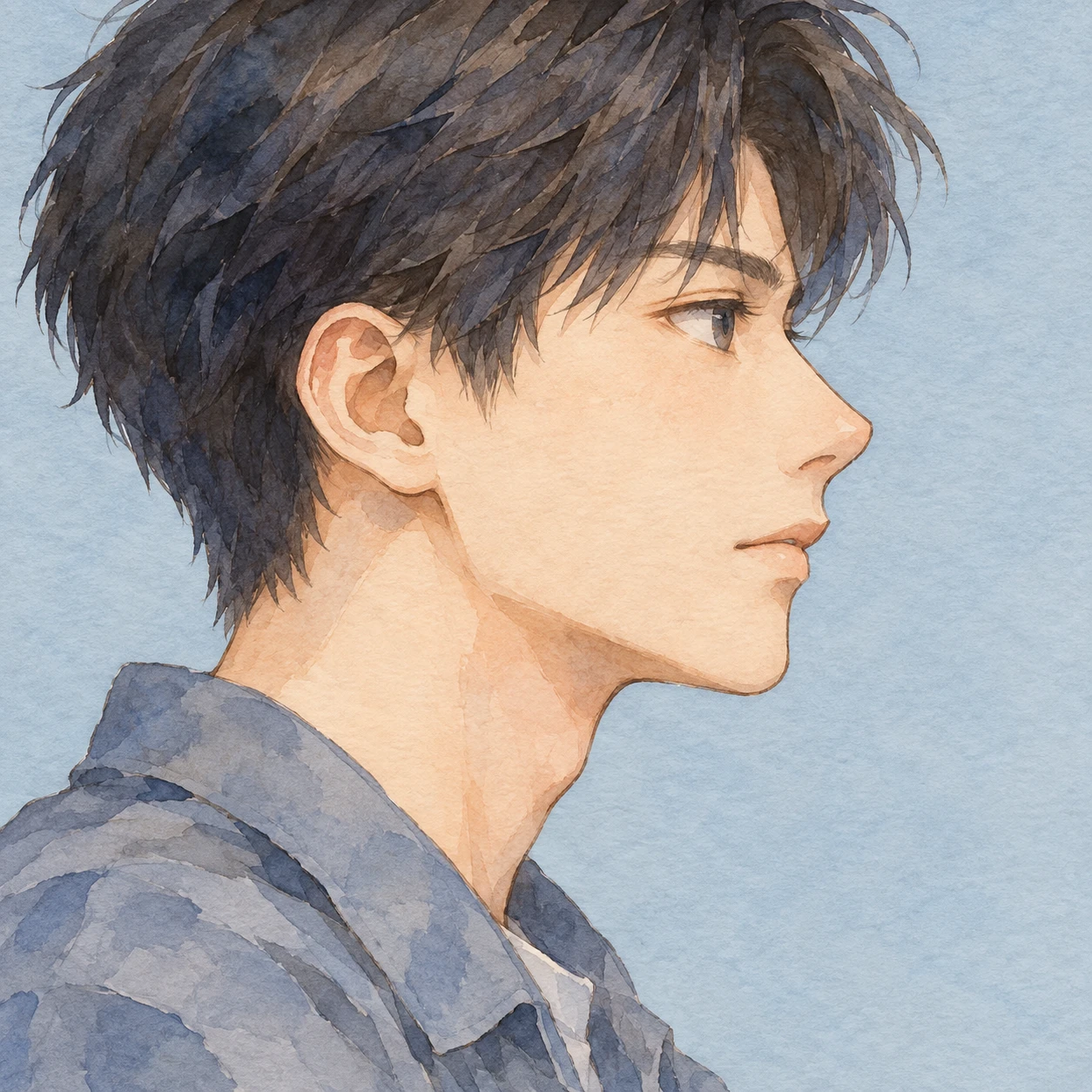 横を向いた男性のアニメ調プロフィール用画像（水彩）