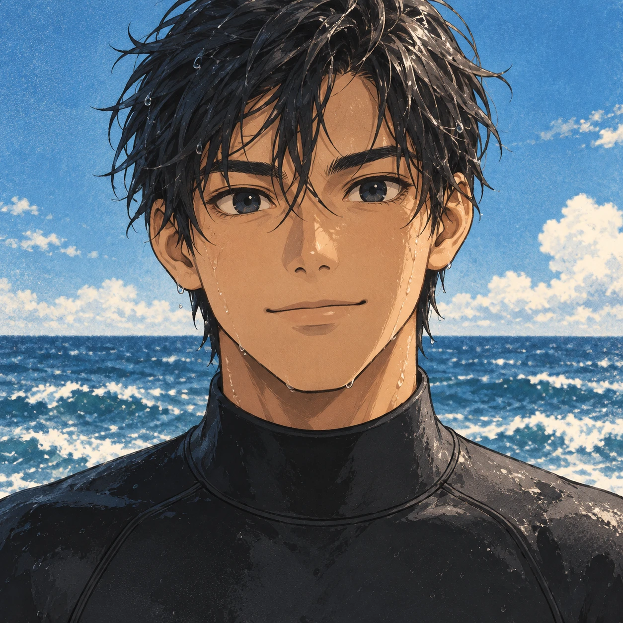Anime-style profile picture of a man dressed for surfing (bold graphic)