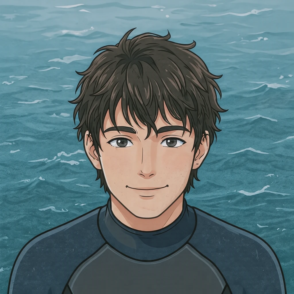 サーフィン姿の男性のアニメ調プロフィールアイコン（アイソメトリック）