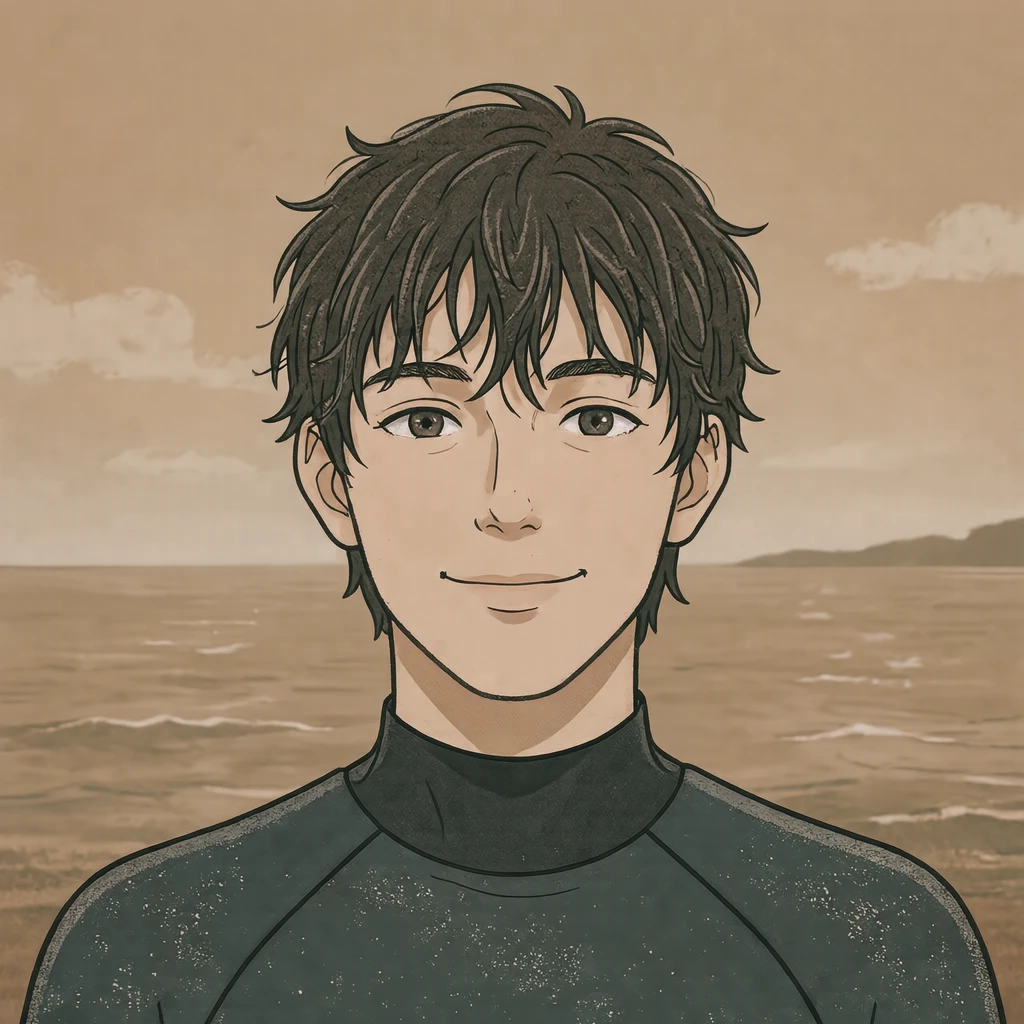 Anime-style profile picture of a man dressed for surfing (simple line art)