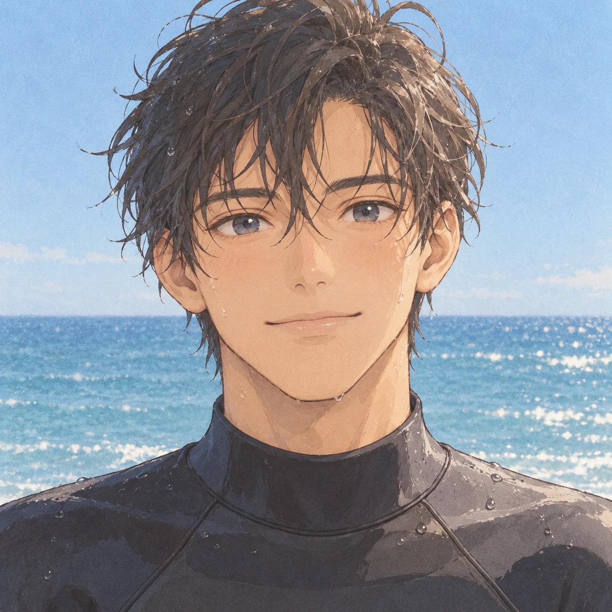 サーフィン姿の男性のアニメ調プロフィール用画像（ソフトパステル）
