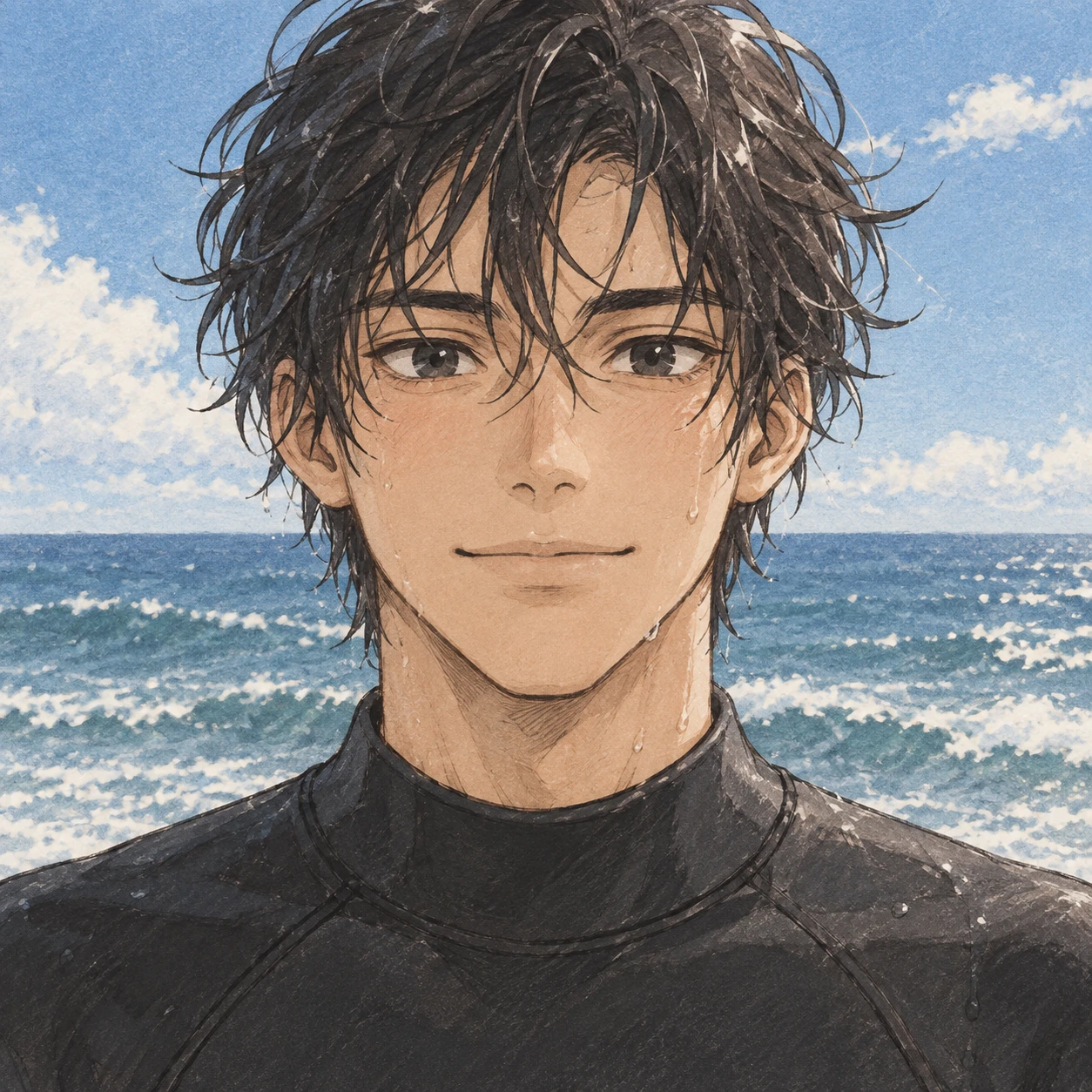 サーフィン姿の男性のアニメ調プロフィールアイコン（手描き風）