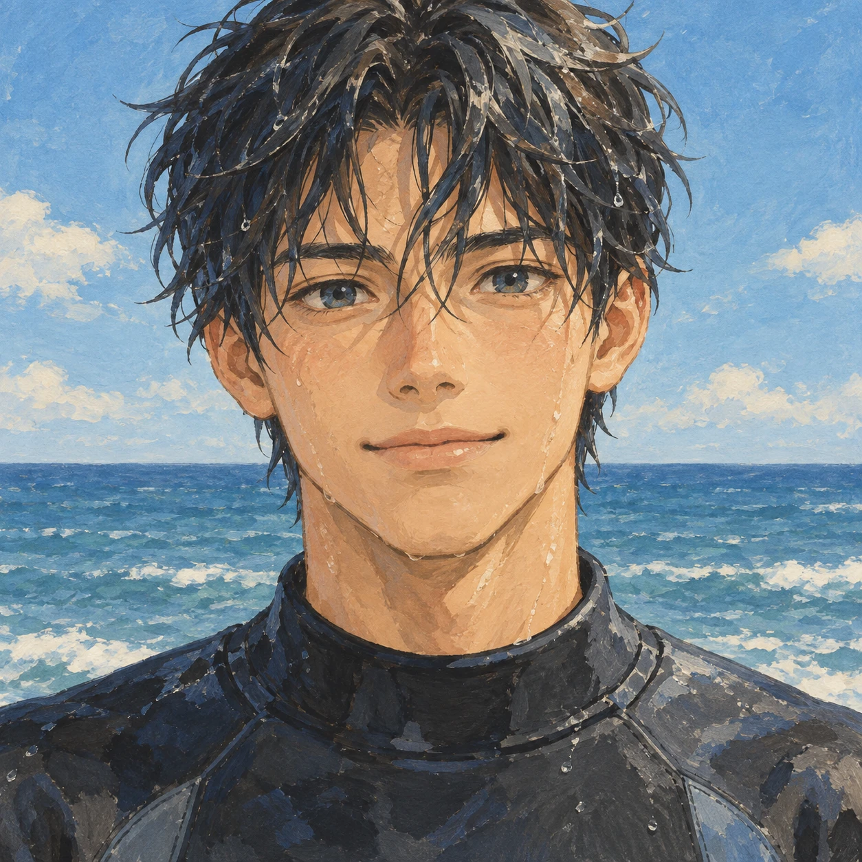 サーフィン姿の男性のアニメ調プロフィール用画像（グアッシュ）