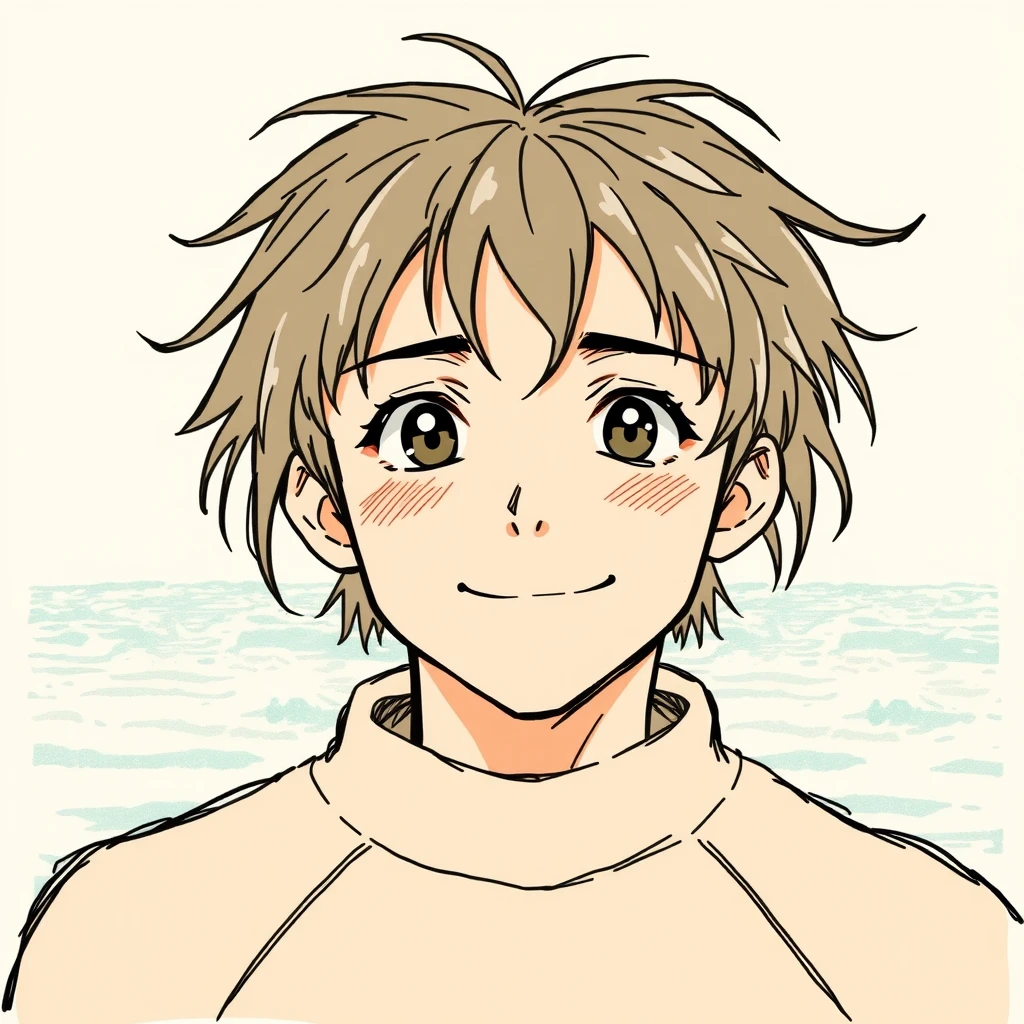 サーフィン姿の男性のアニメ調プロフィールアイコン（手描き風）
