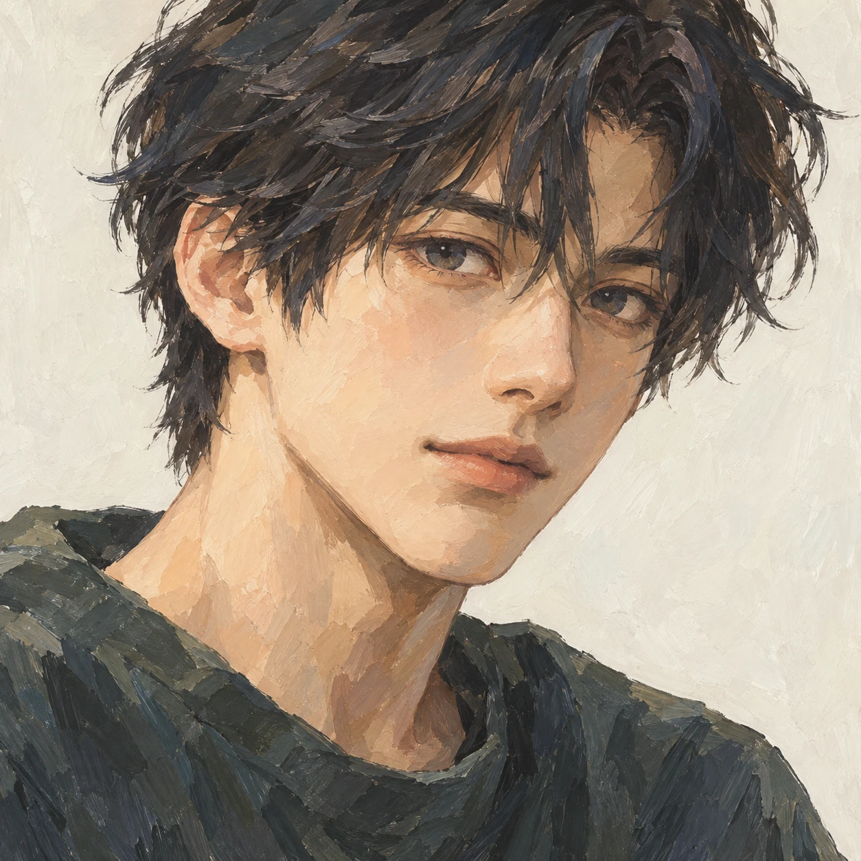Anime-style profile picture of a man at a three-quarter angle (gouache)