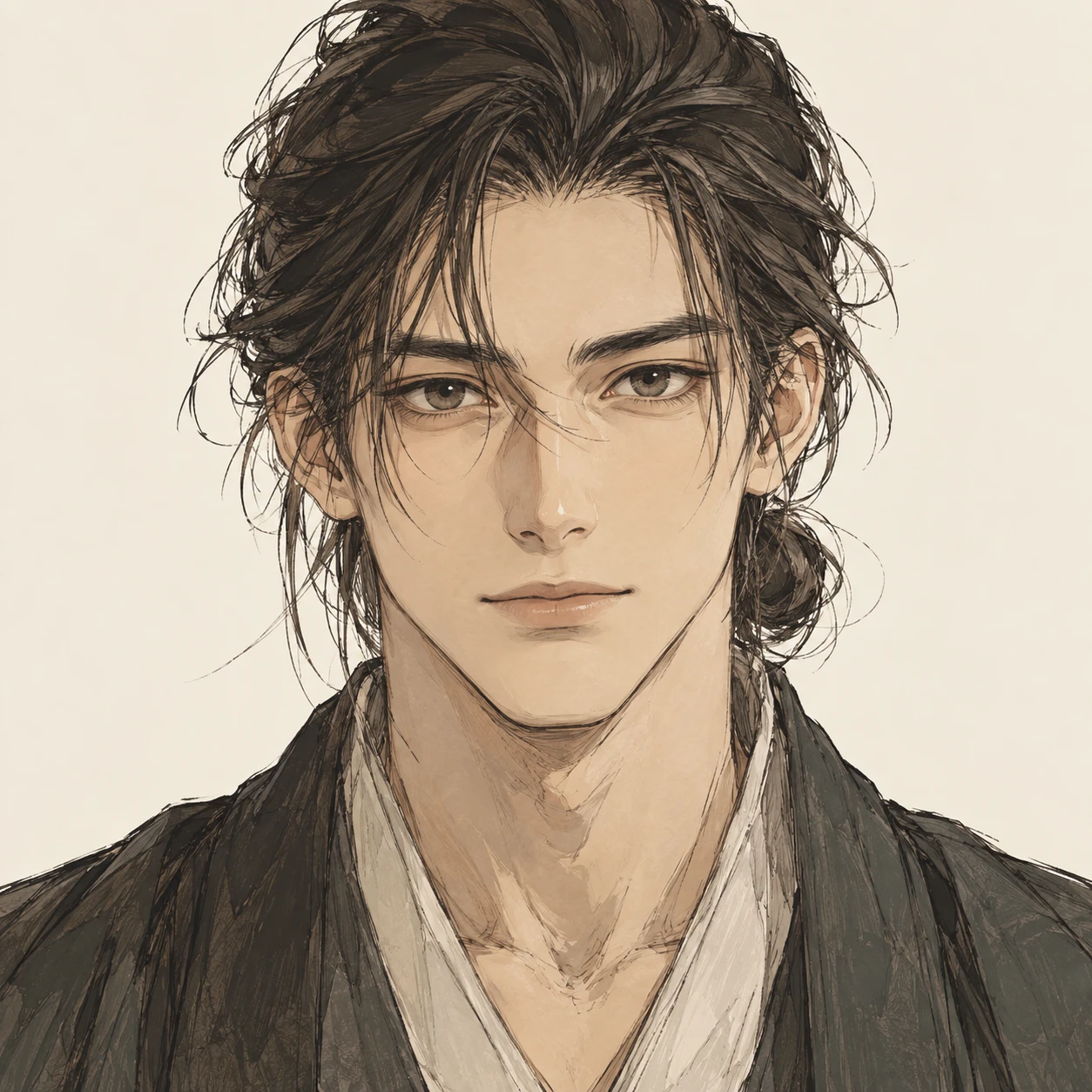 Anime-style profile picture of a man with his hair tied back (hand-drawn)