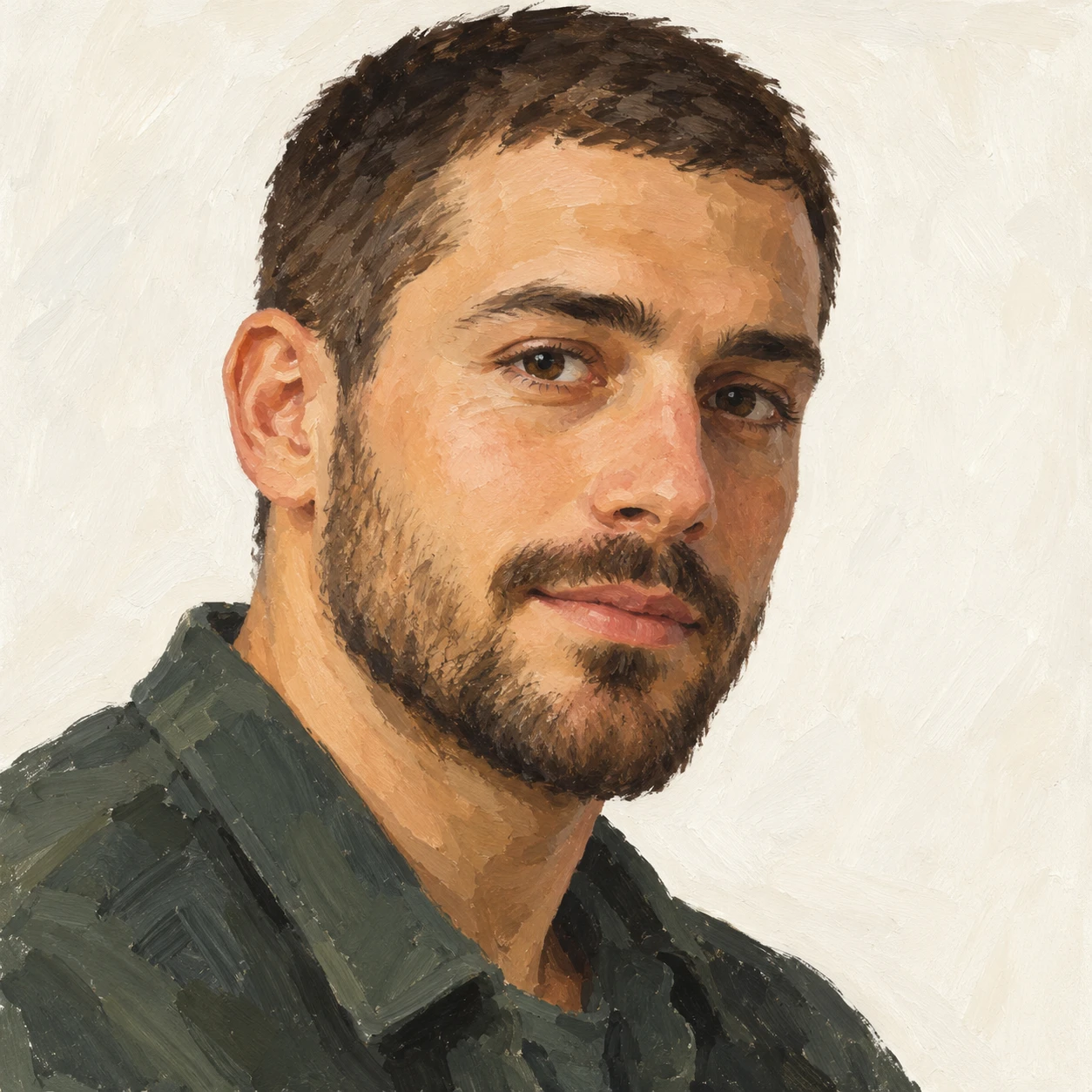 Profile picture of a man with a short beard at a three-quarter angle (gouache)