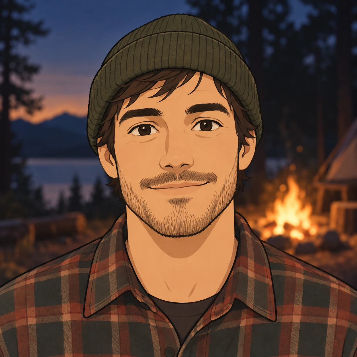Profile picture of a man dressed for camping (simple line art)