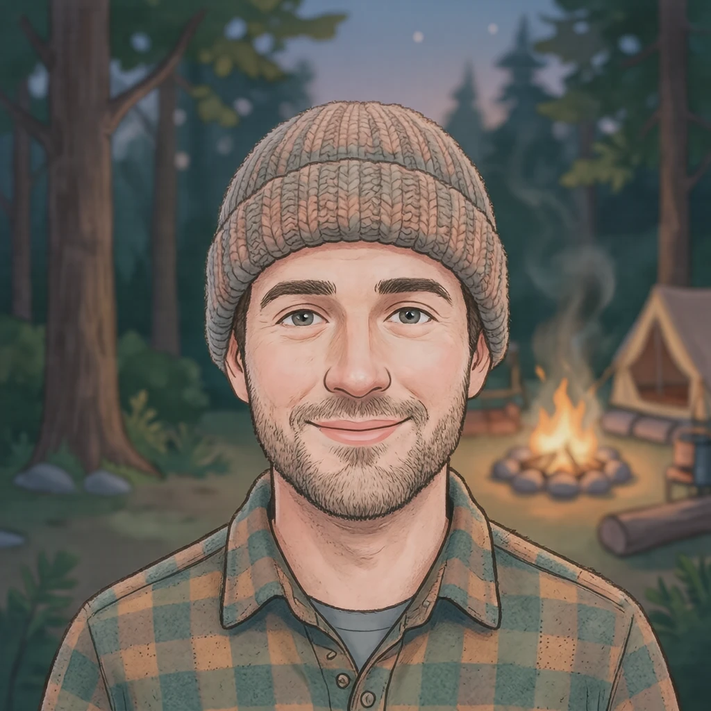 Profile picture of a man dressed for camping (soft pastel)