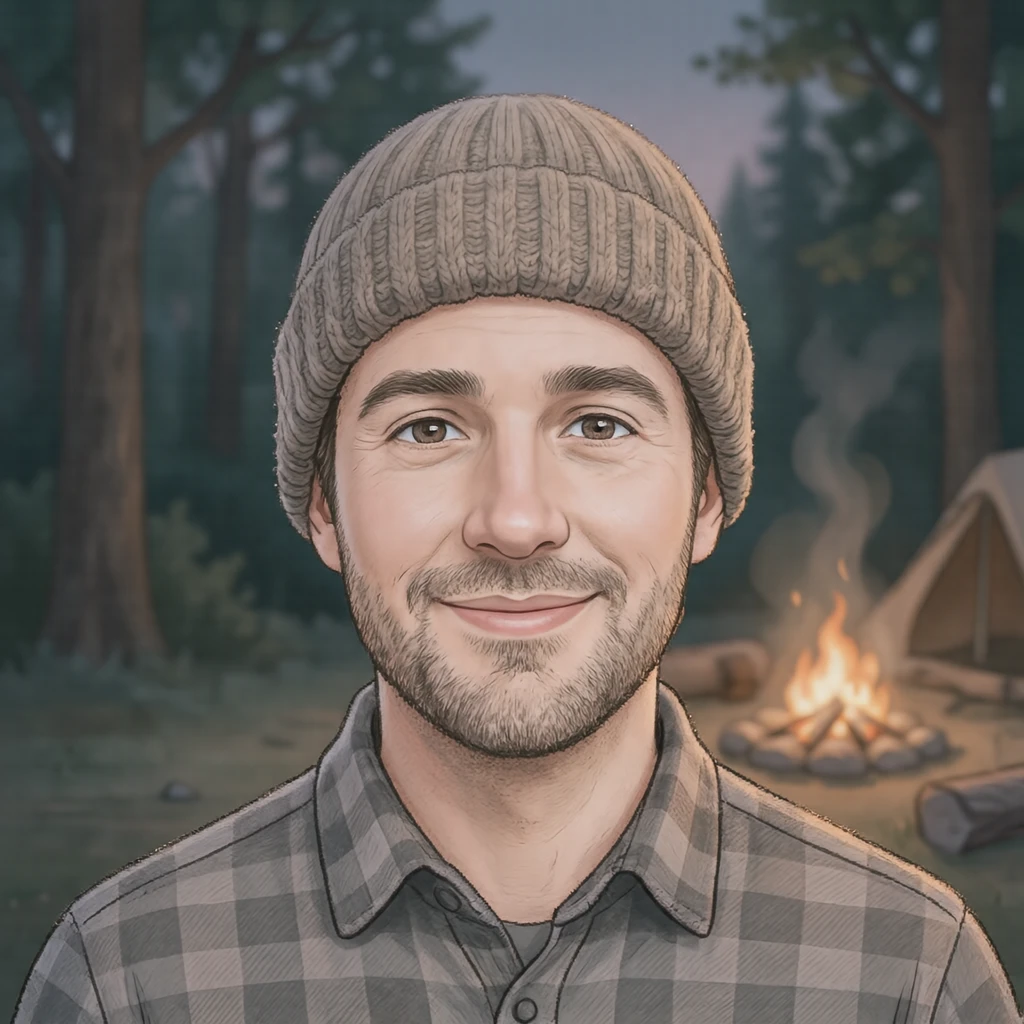 Profile picture of a man dressed for camping (soft pastel)