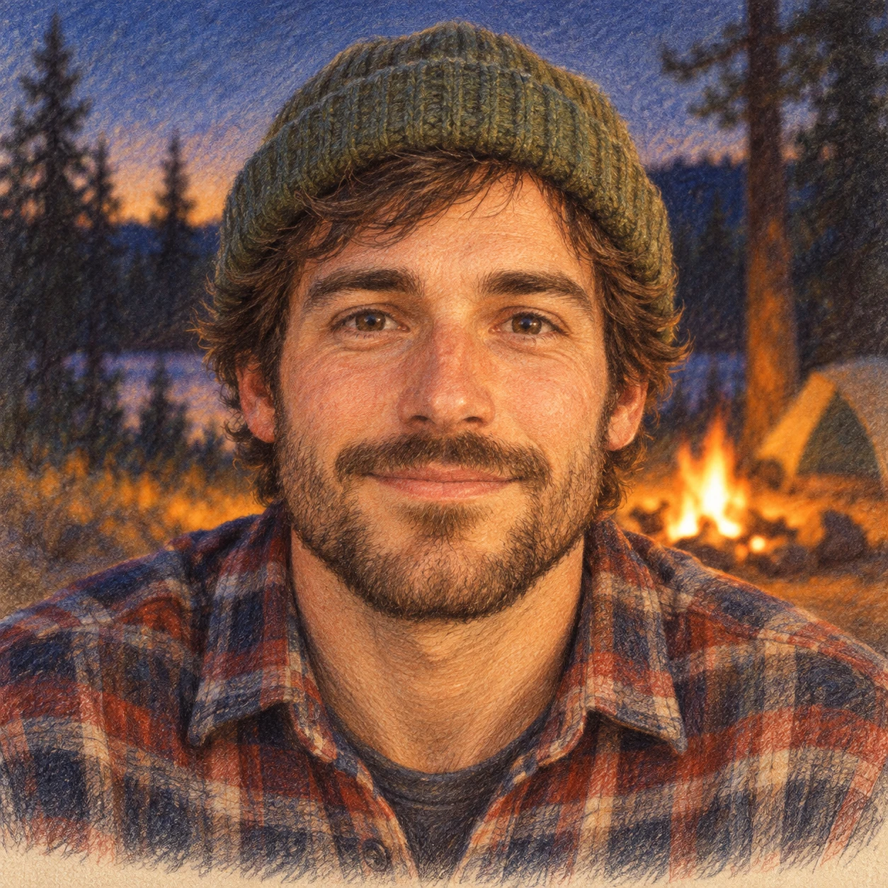 Profile picture of a man dressed for camping (colored pencil)