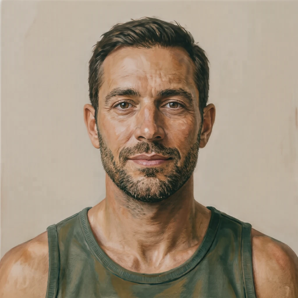 Profile picture of a man dressed for yoga (gouache)