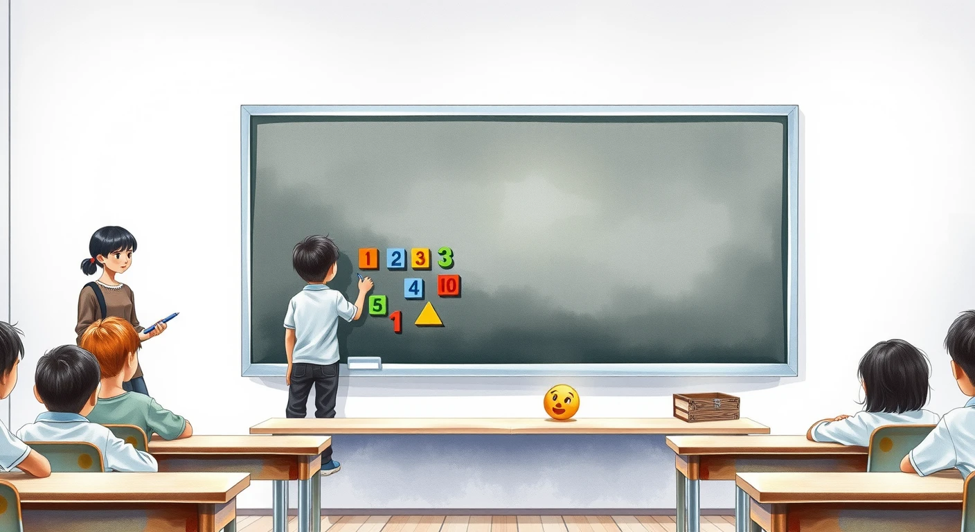 算数の授業で黒板の前に立つ生徒のイラスト