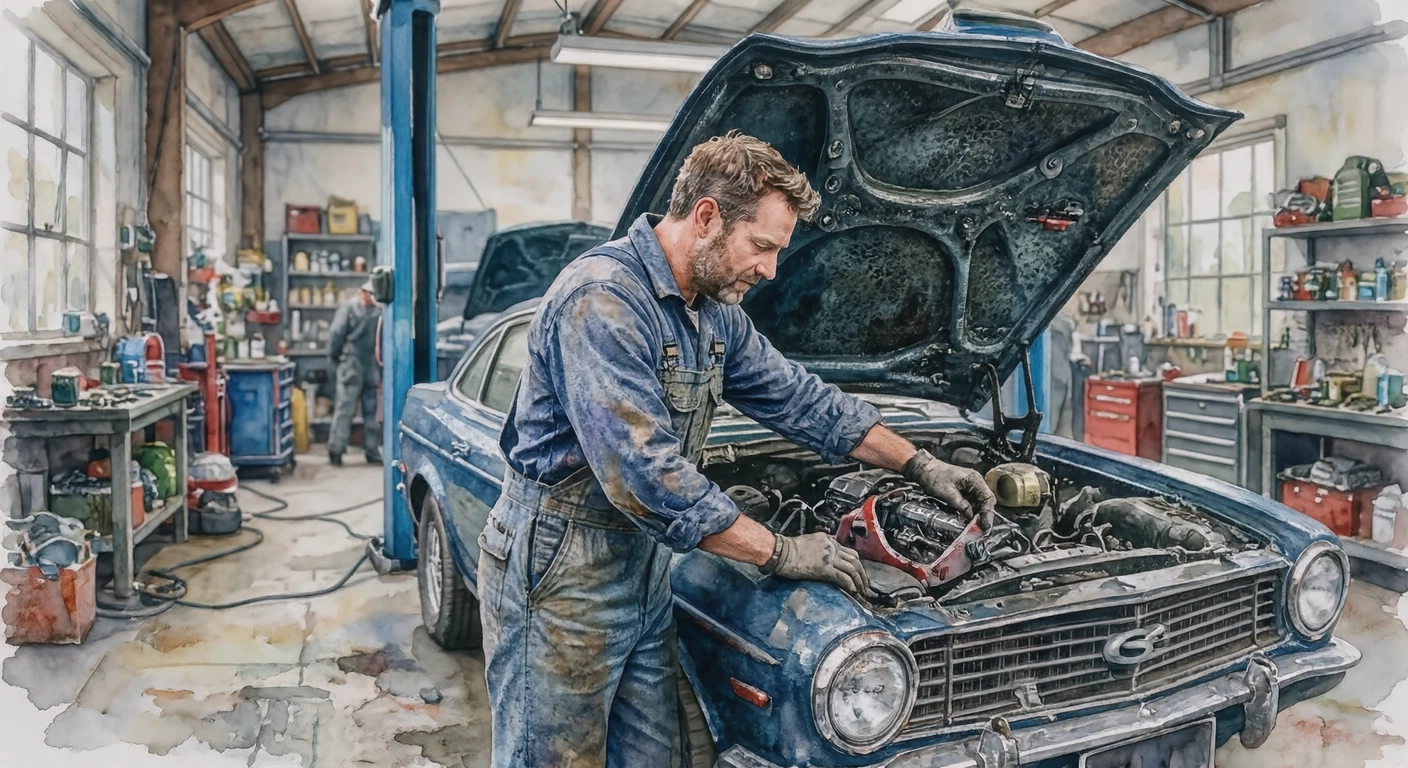 Illustration of one mechanic in work overalls leaning over an open bonnet and looking into the engine bay, in a bright repair garage, during a routine inspection (watercolor)