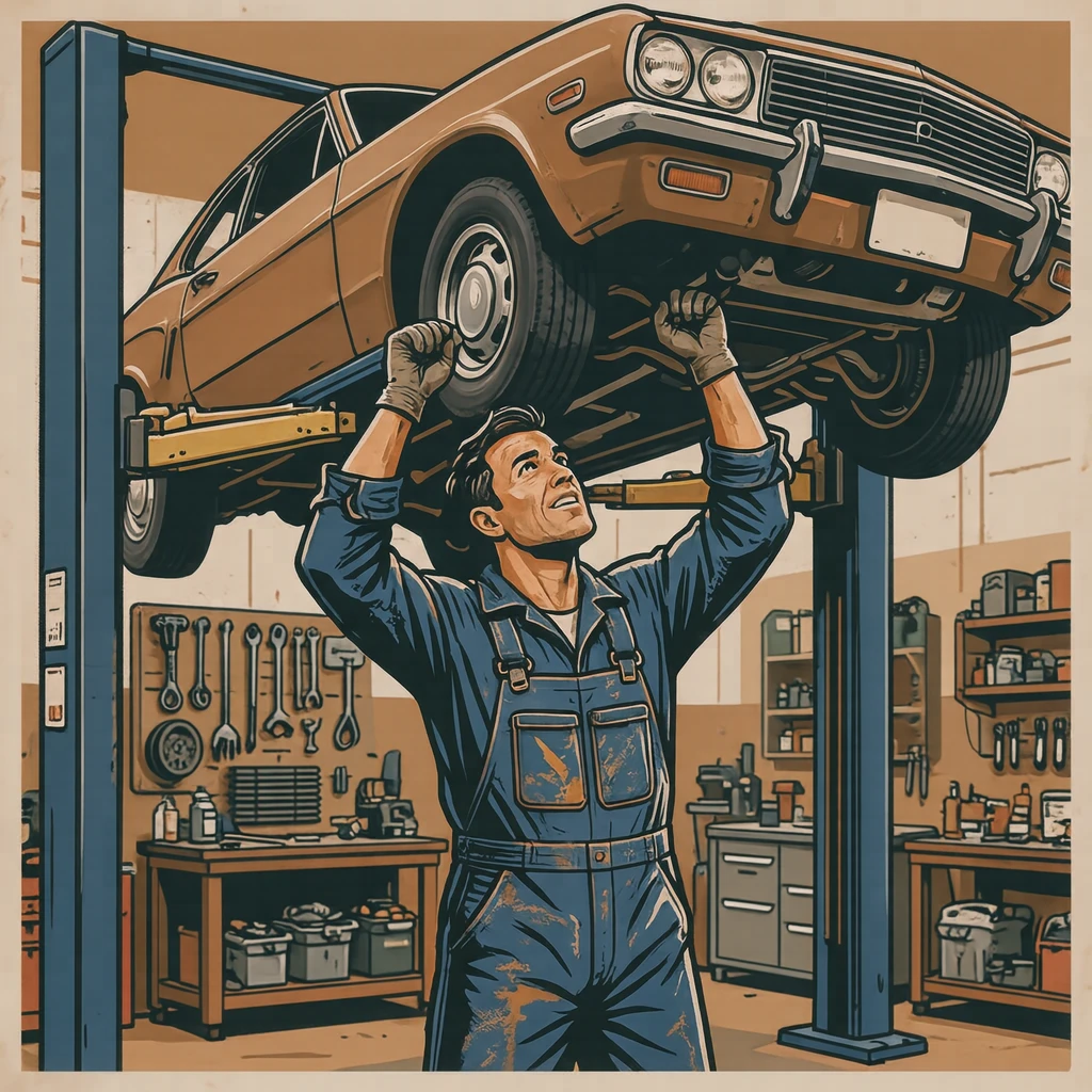 点検の整備工場でリフトの下から点検する整備士のイラスト（グラフィックポスター）