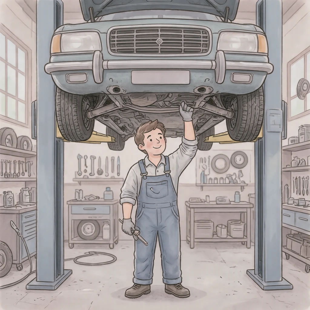 Illustration of one mechanic in work overalls standing under a car raised on a lift and looking up at its underside, in a bright repair garage, during a routine inspection (soft pastel)