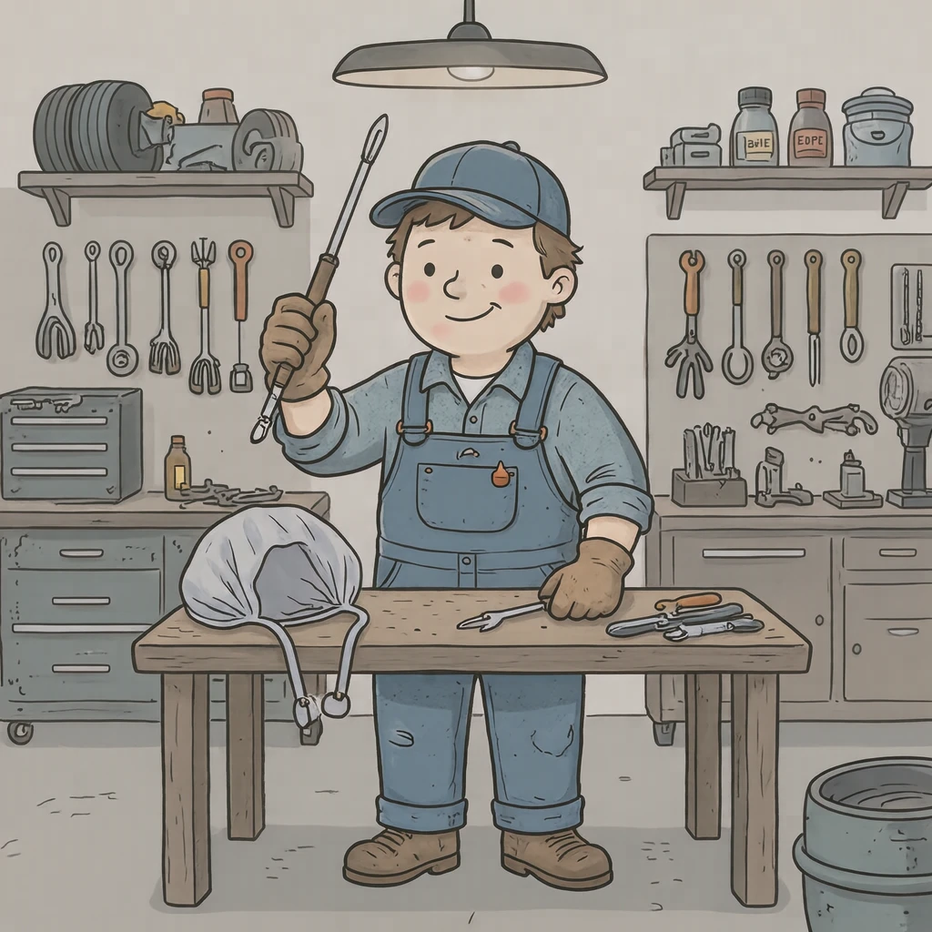 点検の整備工場でオイルを確認する整備士のイラスト（ゆるいイラスト）