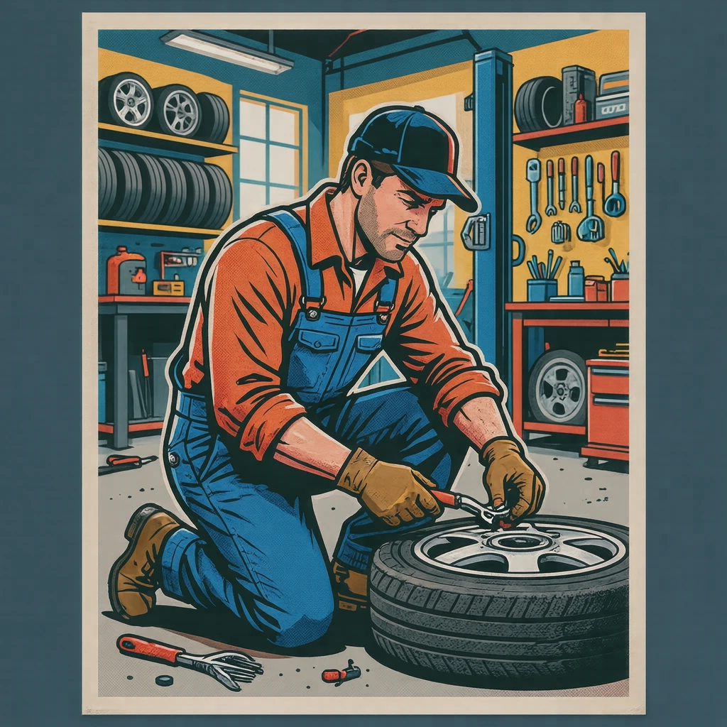 点検の整備工場でタイヤを交換する整備士のイラスト（グラフィックポスター）