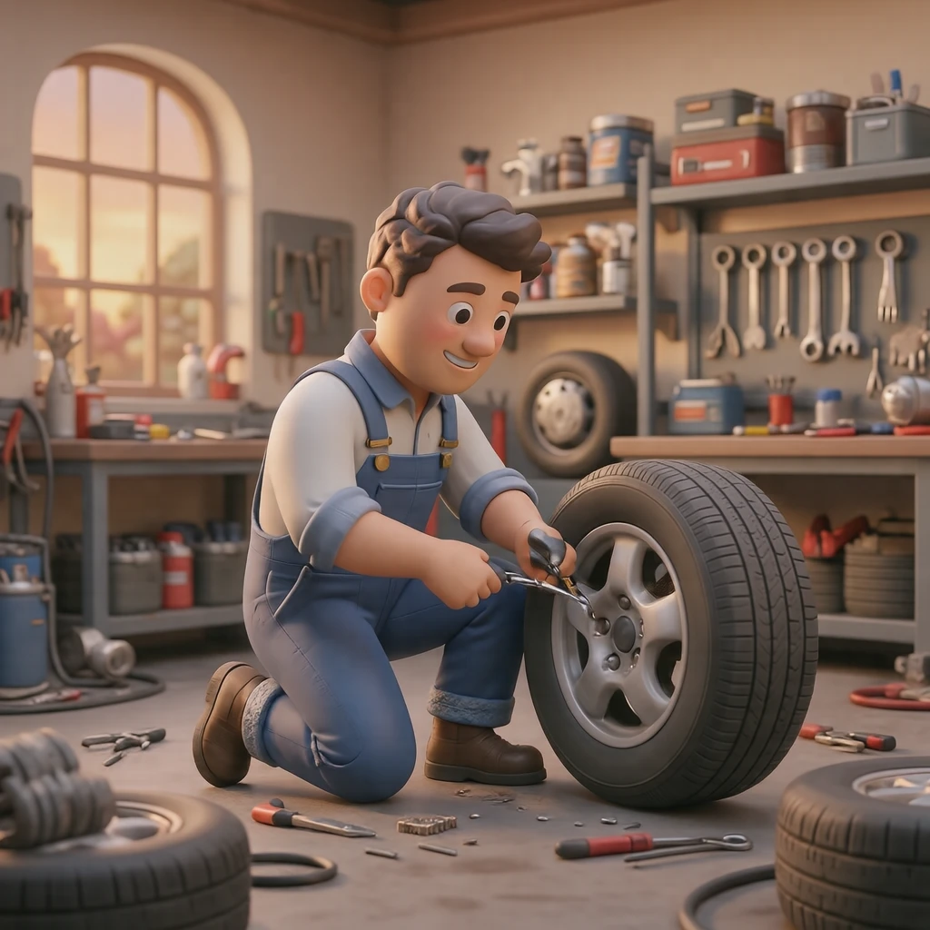 Illustration of one mechanic in work overalls crouching beside a wheel and fitting a tire, in a bright repair garage, during a routine inspection (soft 3D)