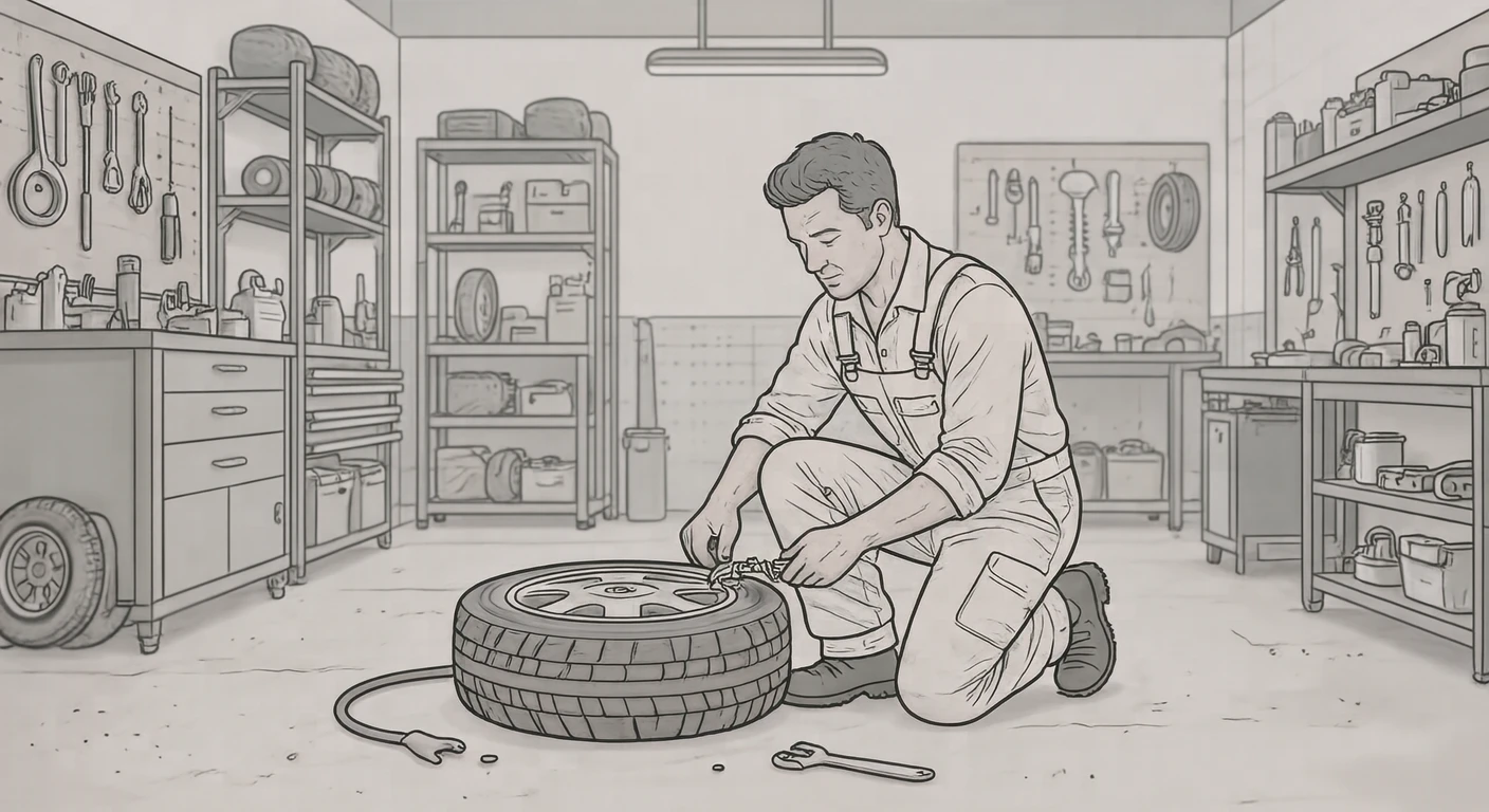 点検の整備工場でタイヤを交換する整備士のイラスト（シンプル線画）