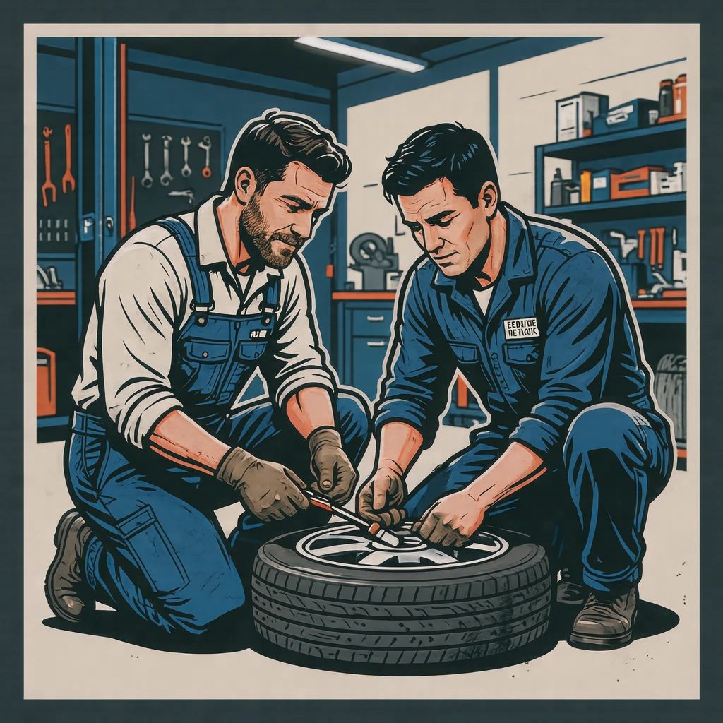 点検の整備工場でタイヤを交換する整備士のイラスト（グラフィックポスター）