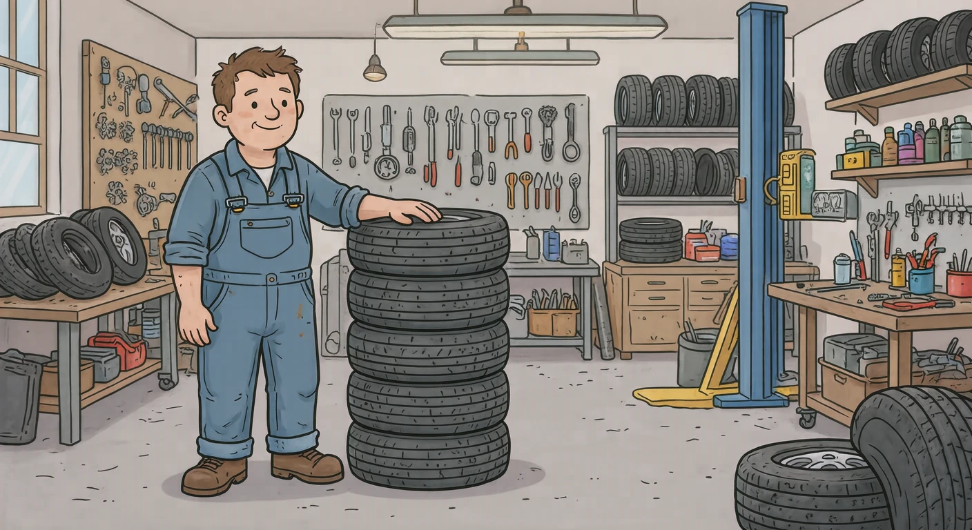Illustration of one mechanic in work overalls standing beside a stack of tires and resting one hand on the top one, in a bright repair garage, during a routine inspection (loose cartoon)