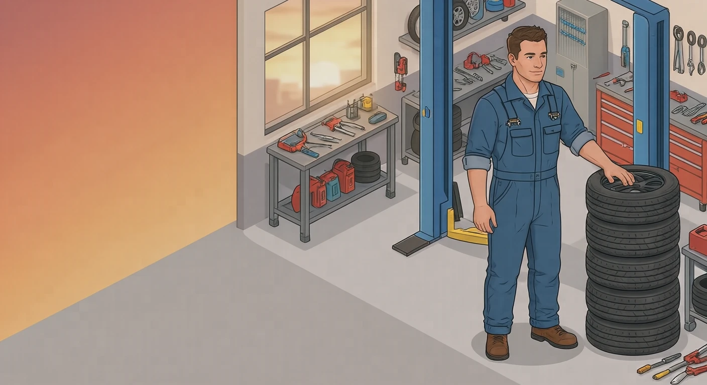 点検の整備工場で積んだタイヤの横に立つ整備士のイラスト（アイソメトリック）
