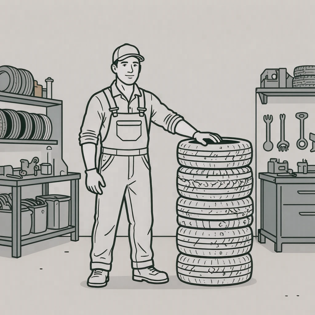 点検の整備工場で積んだタイヤの横に立つ整備士のイラスト（シンプル線画）