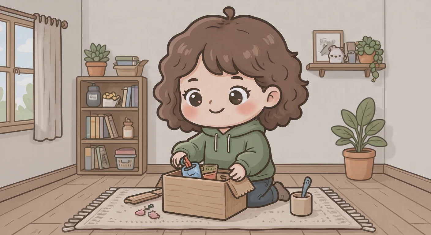 在极简房间里断舍离的人物插画（Q版）
