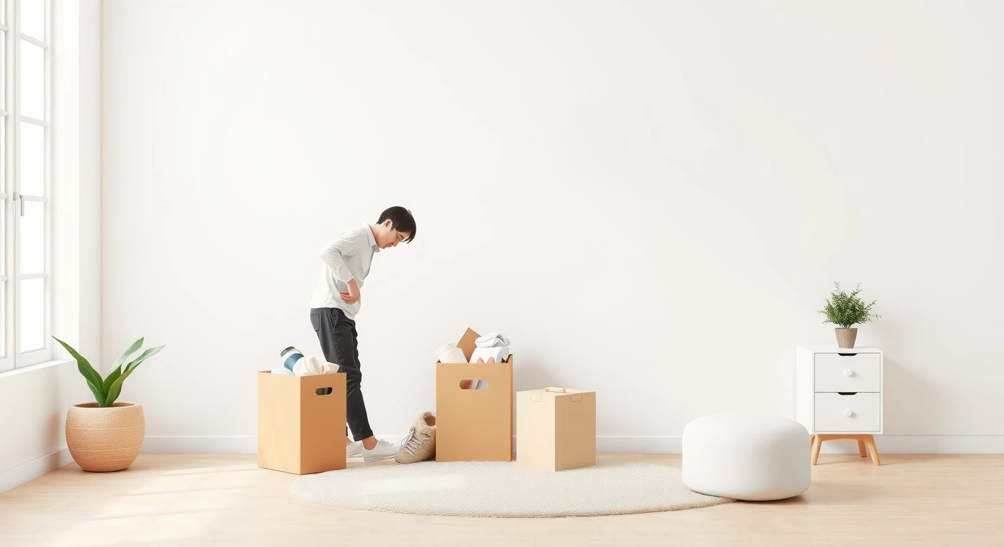 ミニマリストな部屋で断捨離をする人のソフトな3Dイラスト
