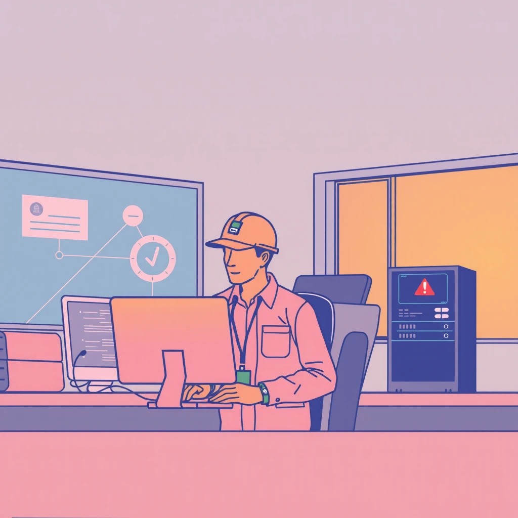 Illustration of engineer, monitoring, infrastructure, alert icon, server, in an office