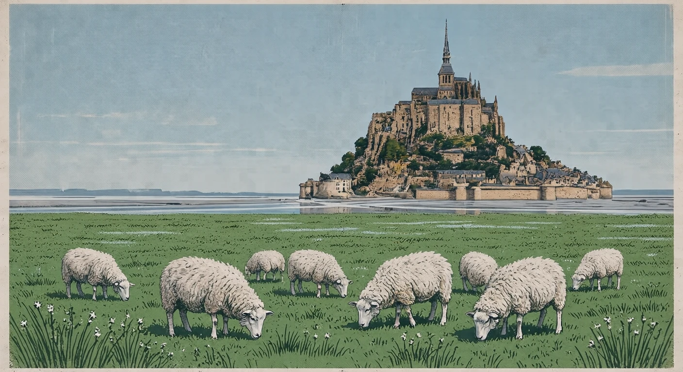 Illustration of sheep grazing near Mont-Saint-Michel, a World Heritage Site (retro print)