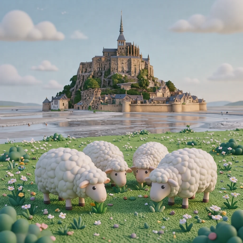 Illustration of sheep grazing near Mont-Saint-Michel, a World Heritage Site (soft 3D)