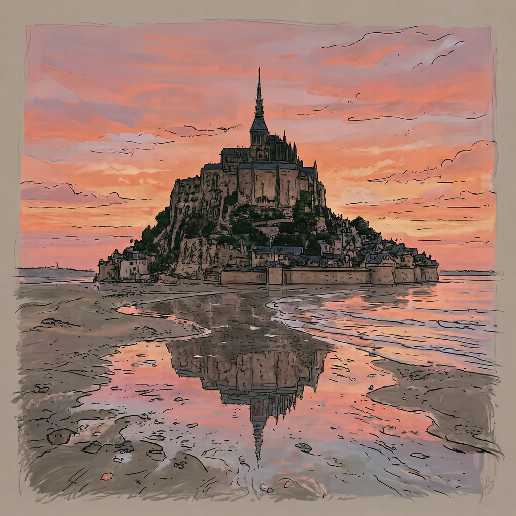 世界遺産・夕焼けのモン・サン=ミシェルのイラスト(手描き風)